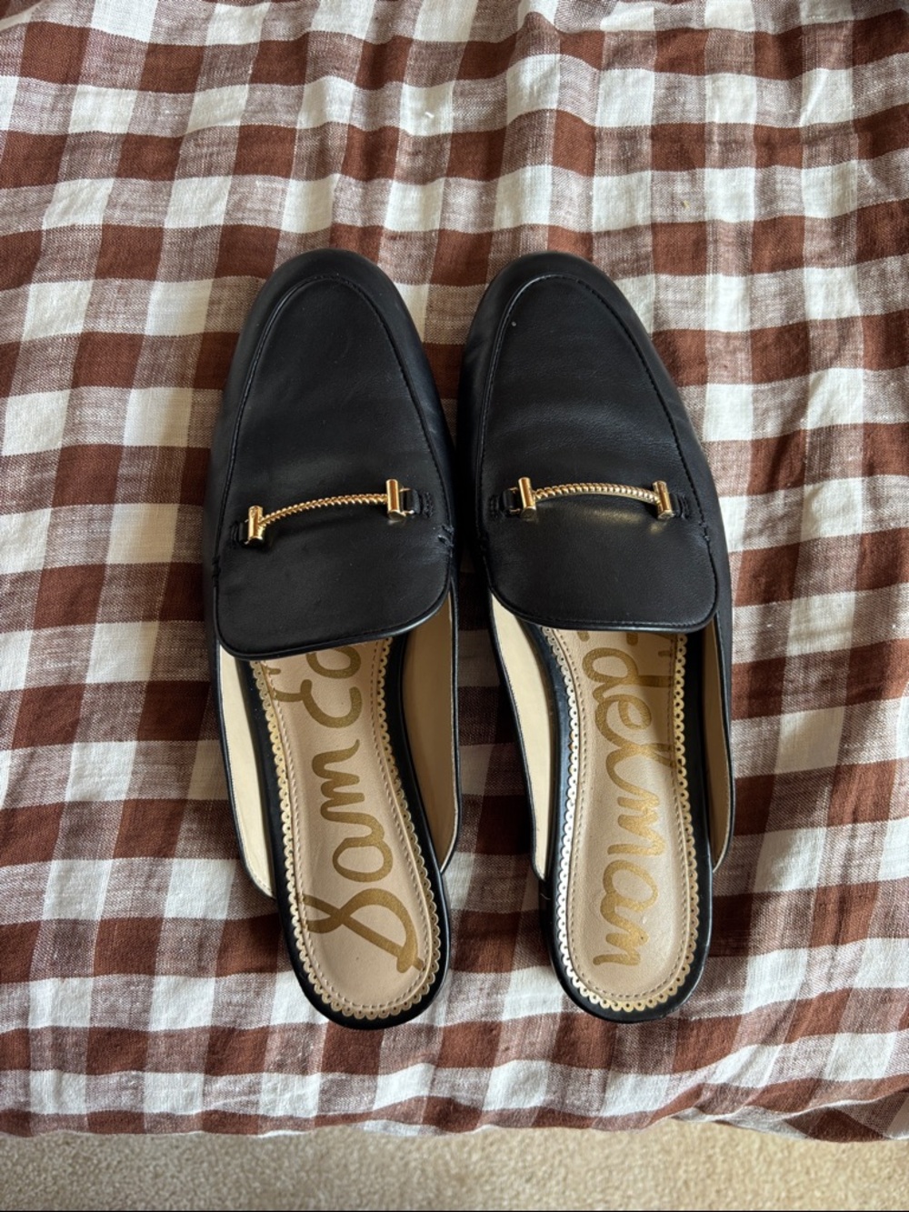 Sam Edelman Black Leather Backless Mules with Gold Chain Accent 8.5